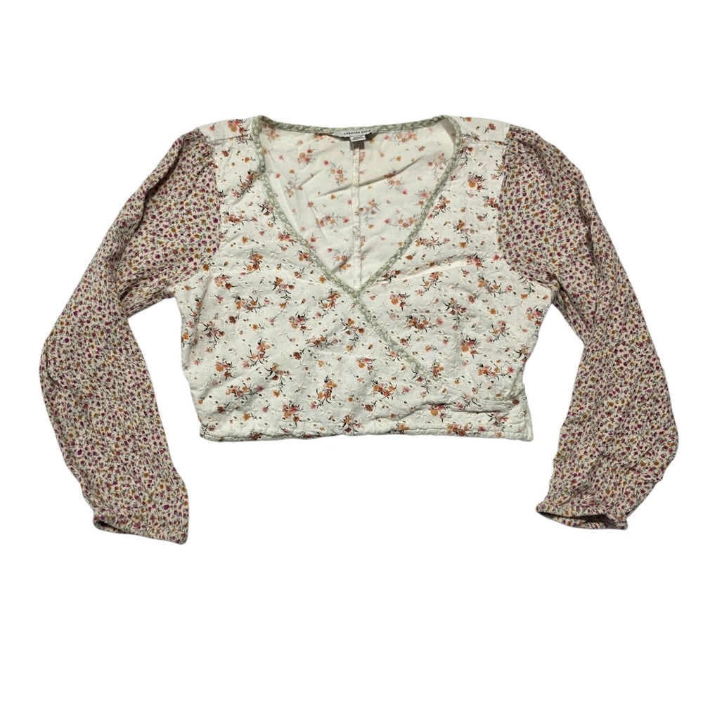 American Eagle Crop Top Womens Medium White Floral Eyelet Wrap Long Sleeve VNeck